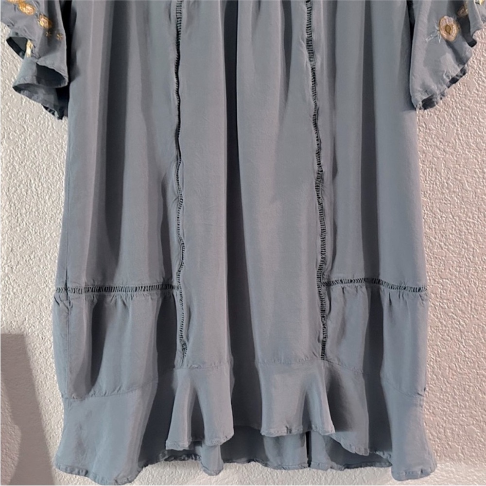 Blue Rain Dusty Blue & Yellow Embroidered Ruffle Mini Dress Size Medium - Picture 9 of 14